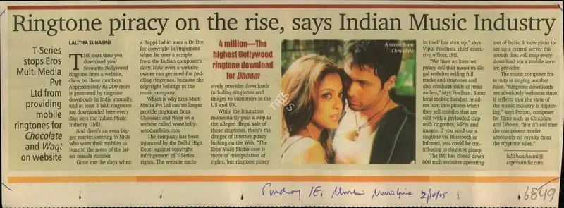 Lalitha Suhasini (Reporter), Ringtone Piracy on the rise, says Indian Music Industry, 2005, Newspaper Clipping
