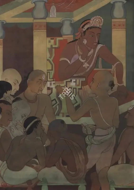 A.K. Haldar (Artist), Kalidasa reciting his Immortal Meghdut Lyric at the Navratna Sabha of Sri Vikramaditya (Chandragupta II), 1952, Painting