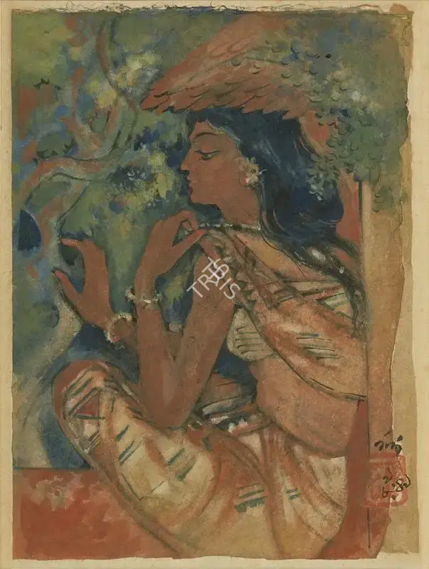 Nandalal Bose (Artist), Nulia Tribe's Woman Seated Outside A Forest Hut, 1949, Painting