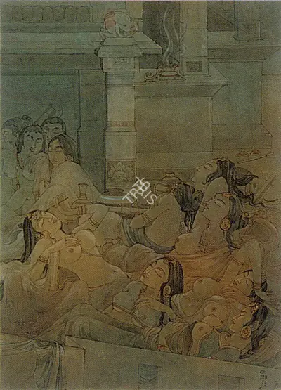 Ramgopal Vijaiwargiya (Artist), Hanuman at the Harem of Ravana, Painting