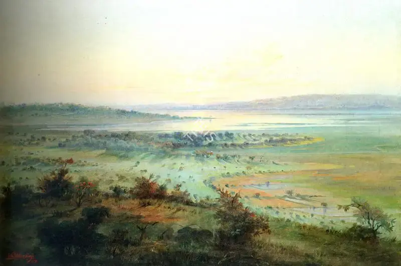 S.G. Thakur Singh (Artist), A River Landscape  at Sunrise, 1939, Painting