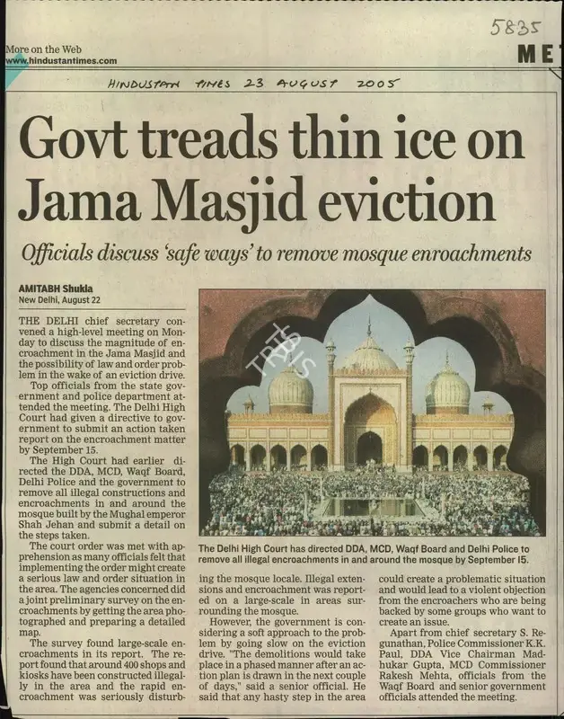 Amitabh Shukla (Reporter), Govt Treads Thin Ice On Jama Masjid Eviction, 2005, Newspaper Clipping
