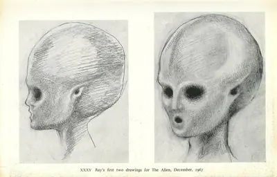 Satyajit Ray (Artist), Prototype sketch of Ray's The Alien, 1967, Drawing