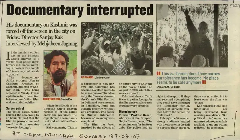 Mehjabeen Jagmag (Reporter), Documentary Interrupted, 2007, Newspaper Clipping