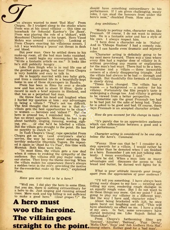 A Hero must woo the heroine. The Villain goes straight to the point, 1974, Conversation
