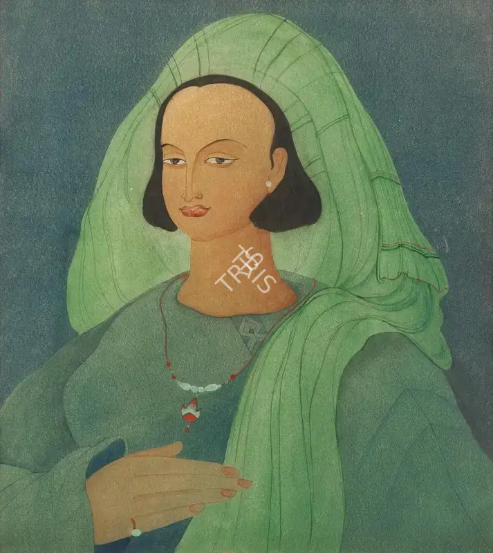 Chughtai, M.A.R. (Artist). Maiden in a green headdress, n.d. | Painting, Bon.Lon/25.10.21, 2021 · Bonhams