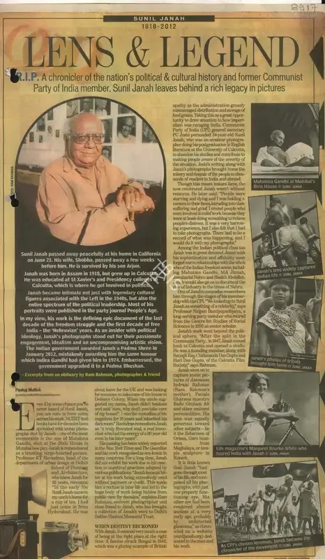 Pankaj Malick (Writer), Lens & Legend, 2012, Newspaper Clipping