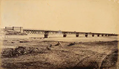 Samuel Bourne (Photographer), Railway Bridge over the Markunda near Umballa, 1865, Antiquarian Photograph