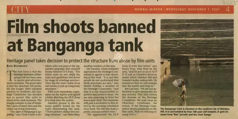 Bapu Deedwania (Reporter), Film Shoots Banned at Banganga Tank, 2007, Newspaper Clipping