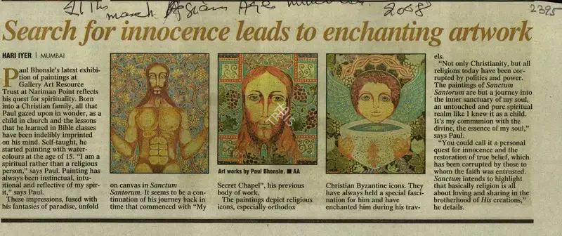 Hari Iyer (Reporter), Search For Innocence Leads to Enchanting Artwork, 2008, Newspaper Clipping