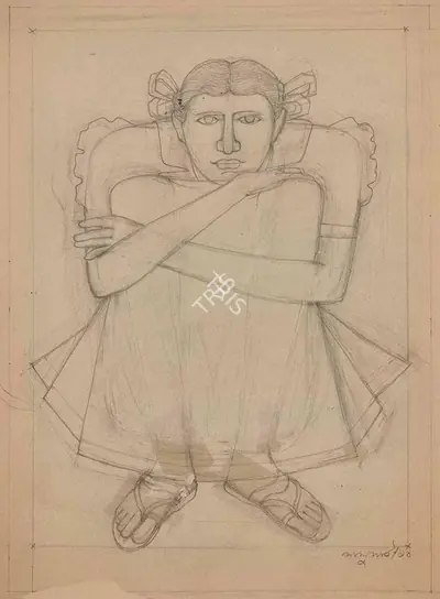Lalu Prasad Shaw (Artist), Girl with ribbons, 1991, Drawing