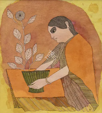 Badri Narayan (Artist), Tending the Flower-Vase in Spring, 2005, Painting