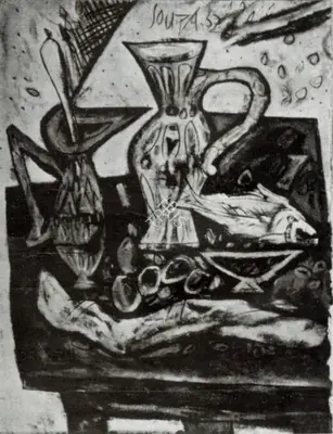 F.N. Souza (Artist), Still Life with Bread & Fish, Painting