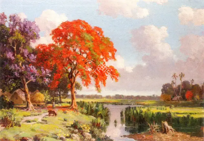 B. Majumdar (Artist), A Rural Landscape, Painting