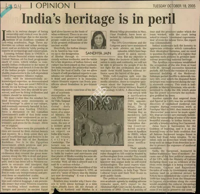 Sandhya Jain (Reporter), India's Heritage is in peril, 2005, Newspaper Clipping