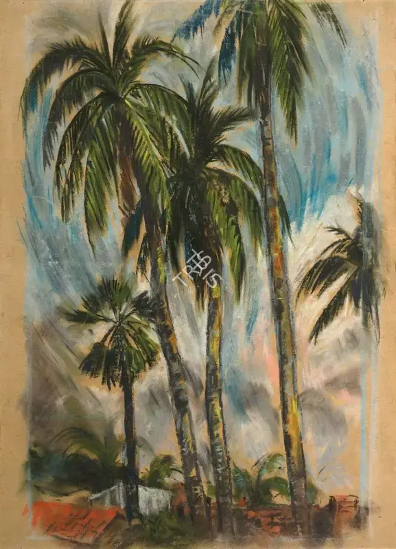 Mookherjea, Sailoz (Artist). Palms In Land, early 1950s | Painting, Os.Del/18.03.08, 2008 · Osian's