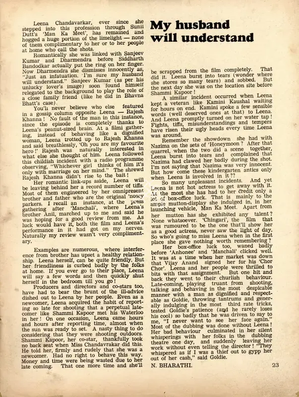 N. Bharathi (Interviewer), My husband will understand, 1975, Conversation