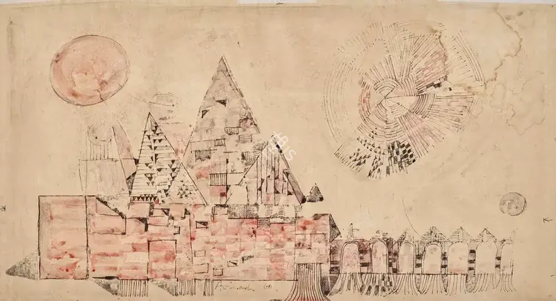 Avinash Chandra (Artist), Untitled (Cityscape with Sun and Moon), 1960, Painting