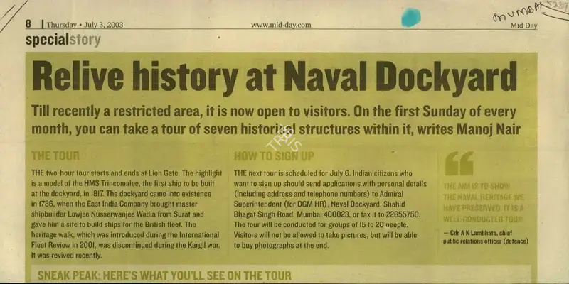 Manoj Nair (Reporter), Relive History at Naval Dockyard, 2003, Newspaper Clipping