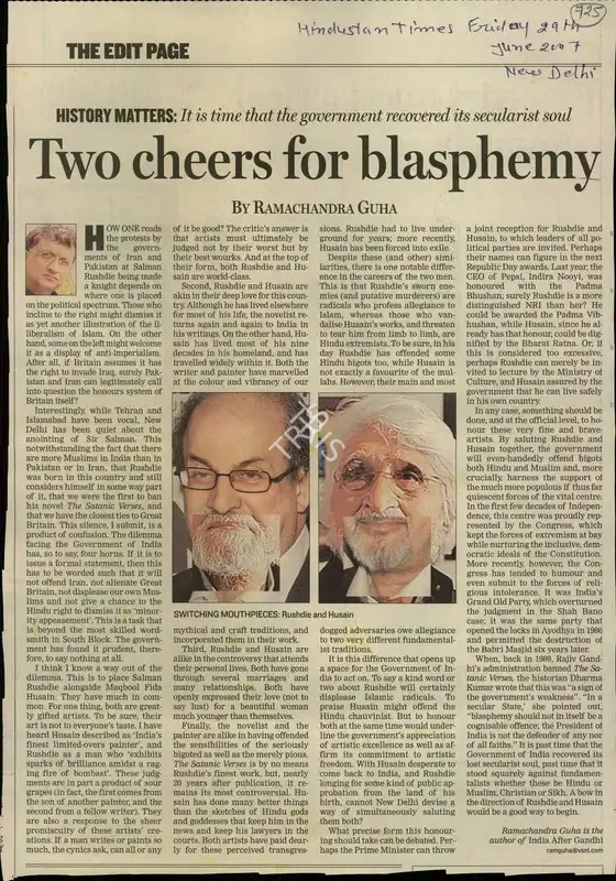 Ramachandra Guha (Reporter), Two Cheers for Blasphemy, 2007, Newspaper Clipping