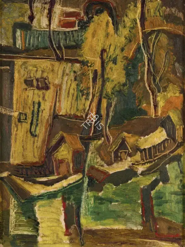 G.R. Santosh (Artist), House-Boats on Dal Backwaters, 1954, Painting