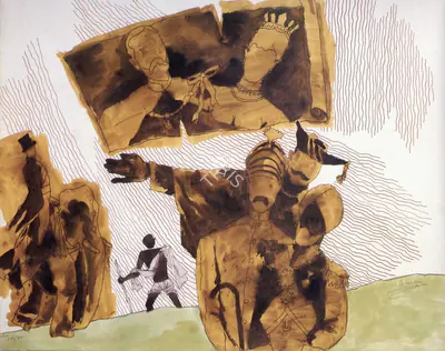 Husain, M. F. (Artist). Arrival of Gandhi in nineteen-twenties. Watercolour, 1985 | Husain , 1988 | Painting | FineArts | 00495147