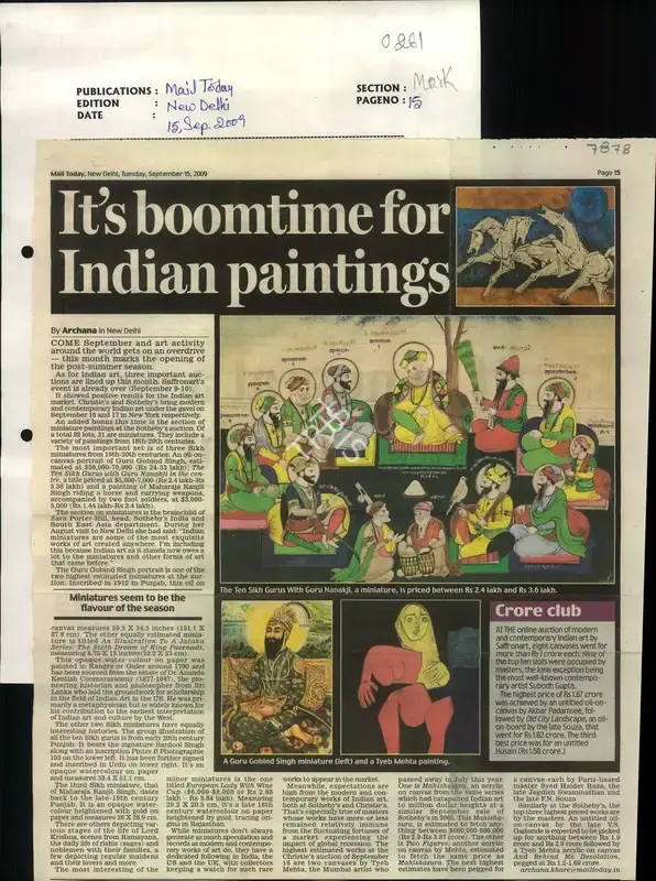 Archana Khare (Reporter), It's Boomtime for Indian Paintings, 2009, Newspaper Clipping