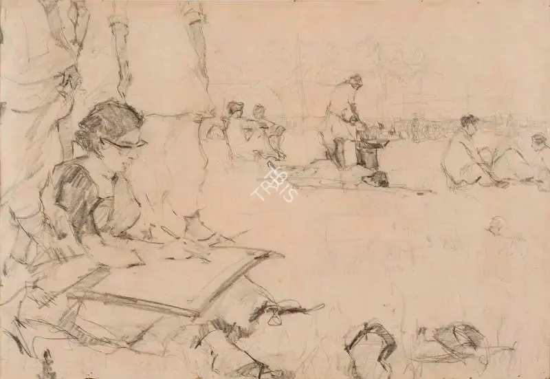 Bikash&nbsp;Bhattacharjee (Artist), Untitled (Katayun Sketching Outdoors), 1961, Drawing