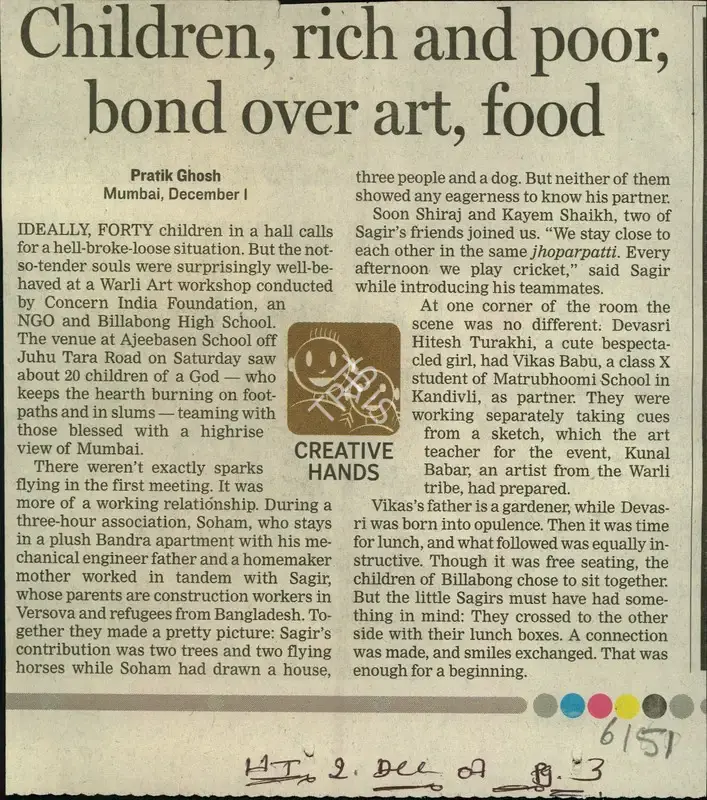 Pratik Ghosh (Reporter), Children, rich and poor, bond over art, food, 2003, Newspaper Clipping