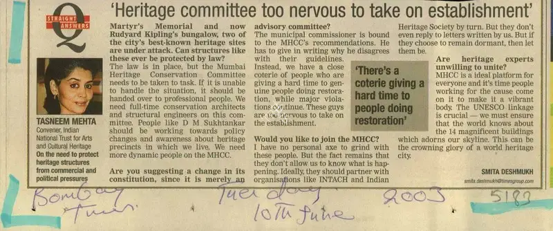 Smita Deshmukh (Reporter), Heritage Committee too Nervous to Take on Establishment, 2003, Newspaper Clipping