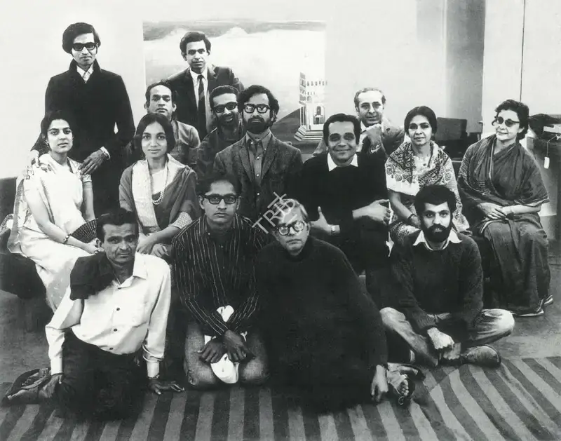 Unknown (Photographer). Khakhar's solo exhibition at the Kunika Chemould Art Centre, New Delhi. From Left to Right, (standing): Sunil Kothari, Mr. Mitra; (seated): Geeta Kapur, Nasreen Mohamedi, Jeram Patel, Haridas Patel, G. M. Sheikh, Babu Chhadva, Roshan Alkazi, Freny Bhownagary; (on floor): V. R. Patel, Nagji Patel, Khakhar, Navroze Contractor. Photographic Still, 1970 | Contemporary Photograph, Bhupen Khakhar, 1998 | Photography | 00149863