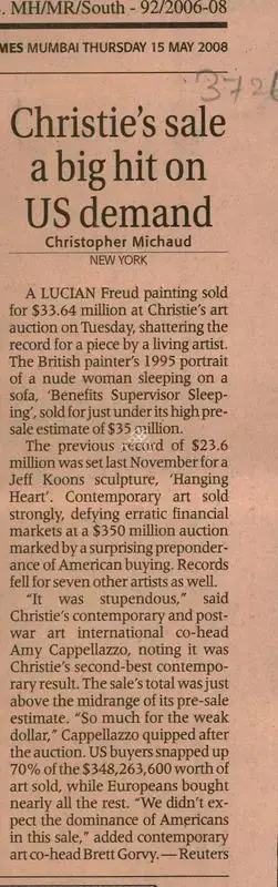 Christopher Michaud (Reporter), Christie's Sale A Big Hit On US Demand, 2008, Newspaper Clipping