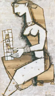 M.F. Husain (Artist), Woman With Bird Cage, 1954, Painting
