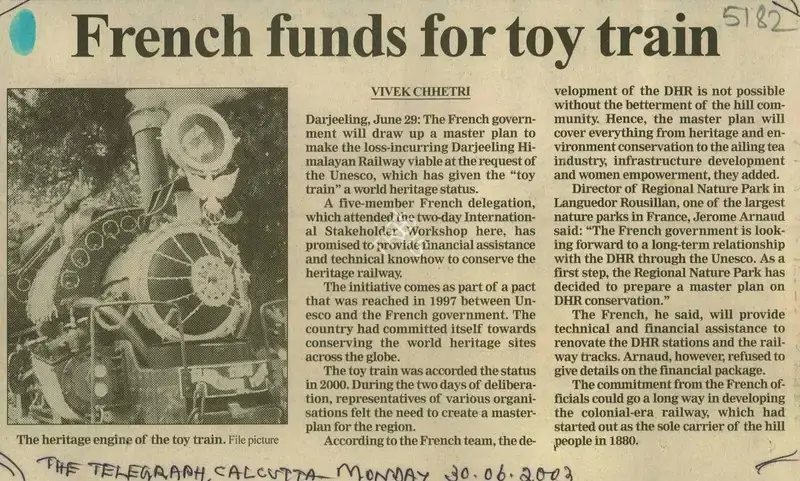 Vivek Chhetri (Reporter), French Funds for toy Train, 2003, Newspaper Clipping