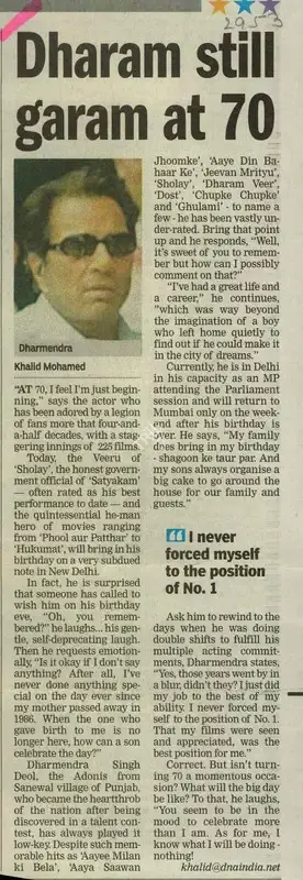 Khalid Mohamed (Reporter), Dharam Still Garam At 70, 2005, Newspaper Clipping