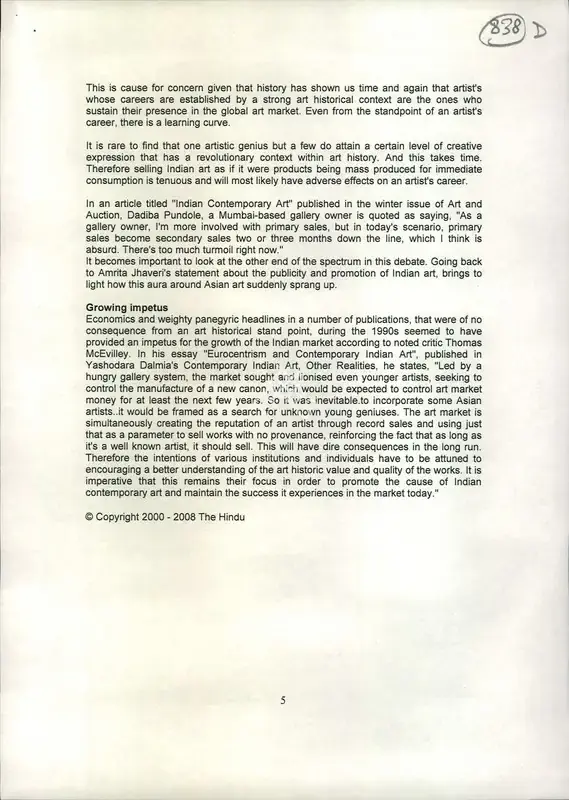 Meenakshi Thirukode (Reporter), The Aura Around Indian Art, 2008, Newspaper Clipping