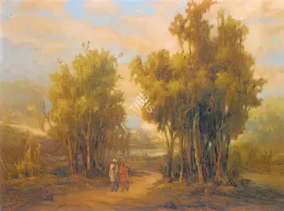 Ustad Allah Bukhsh (Artist), Landscape With Two Figures, Painting