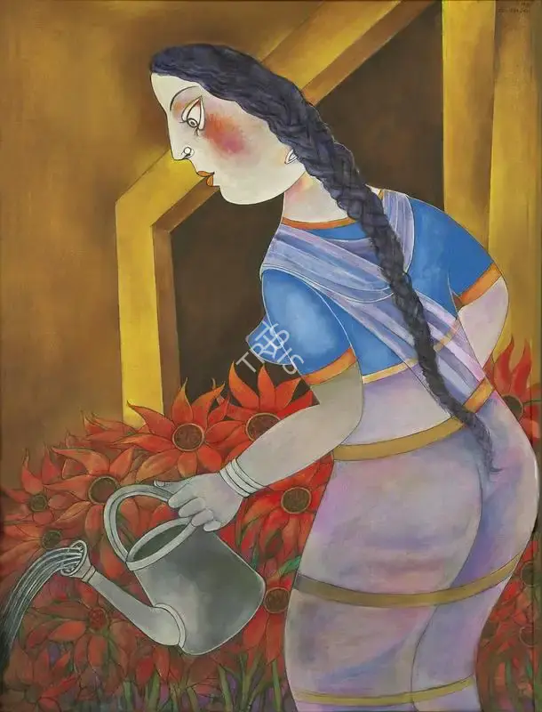 Sen, Paritosh (Artist). Young Women Watering Sunflower Plants, 1990 | Painting, AG.Onl/21.11.21, 2021 · Asta Guru