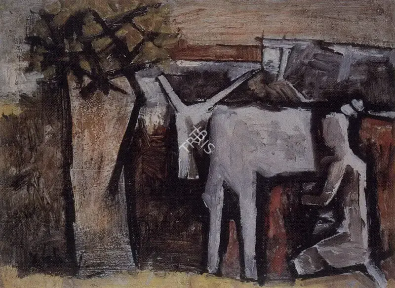 K.S. Kulkarni (Artist), Lady with the Cow, Painting