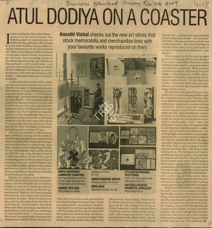 Anoothi Vishal (Reporter), Atul Dodiya on a Coaster, 2009, Newspaper Clipping