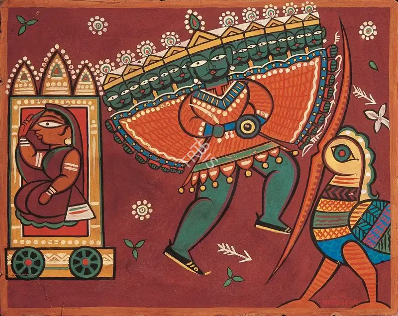 Jamini Roy (Artist), Ravana, Sita and Jatayu, 1949, Painting