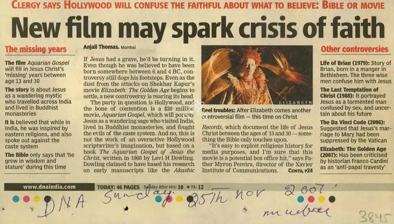 Anjali Thomas (Reporter), New Film May Spark Crisis of Faith, 2007, Newspaper Clipping
