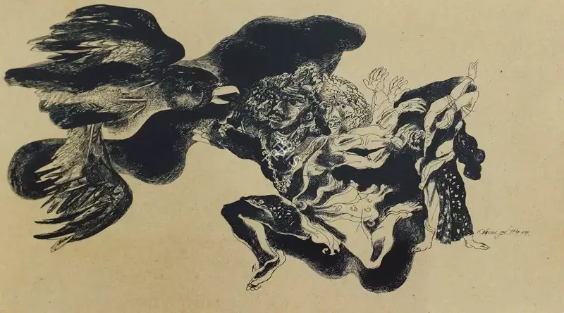 K. Laxma Goud (Artist), Ravana And Jatayu, 1974, Drawing
