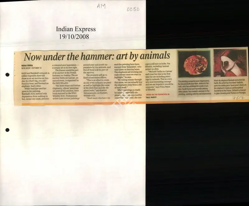 Neha Sinha (Reporter), Now Under the Hammer: Art by Animals, 2008, Newspaper Clipping