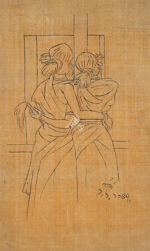 Nandalal Bose (Artist), Two Women, 1950, Drawing