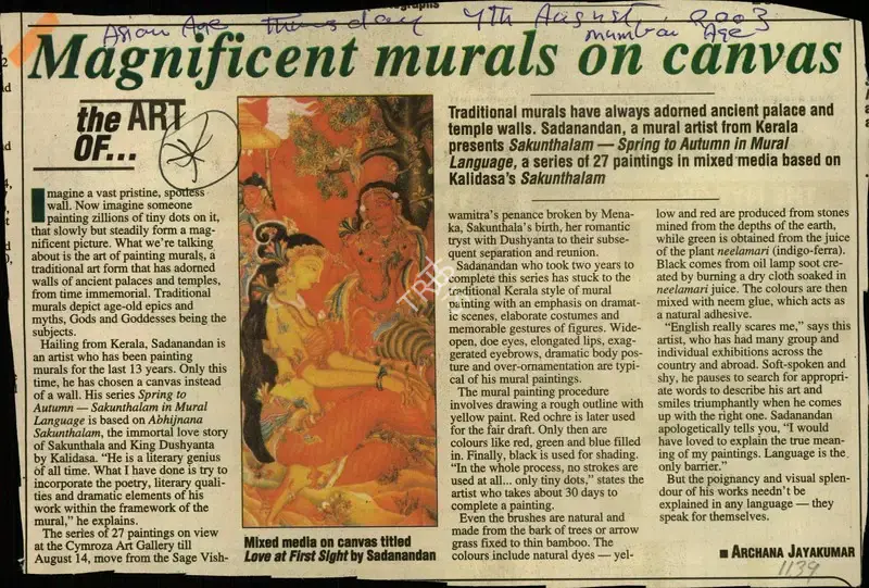Archana Jayakumar (Reporter), Magnificent Murals on Canvas, 2003, Newspaper Clipping