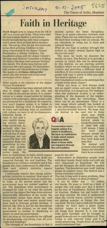 Archana Jahagirdar (Writer), Faith In Heritage, 2005, Newspaper Clipping