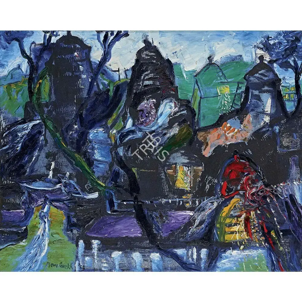 Manu Parekh (Artist), Landscape with a red temple, 1985, Painting