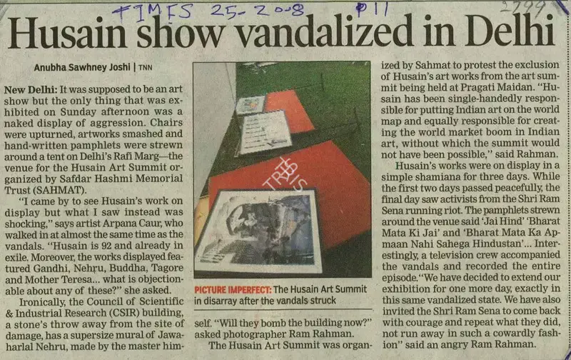 Anubha Sawhney Joshi (Reporter), Husain Show Vandalized in Delhi, 2008, Newspaper Clipping