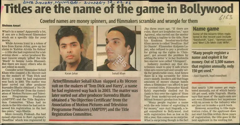 Shabana Ansari (Reporter), Titles are the name of the game in Bollywood, 2006, Newspaper Clipping